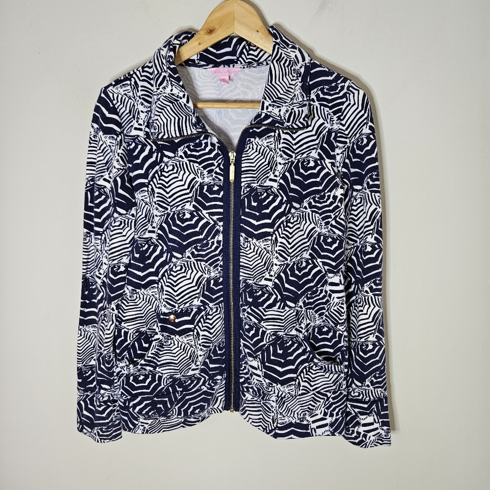 Lilly Pulitzer Leona Oh Cabana Boy Umbrella Zipper Front Jacket Navy White XS